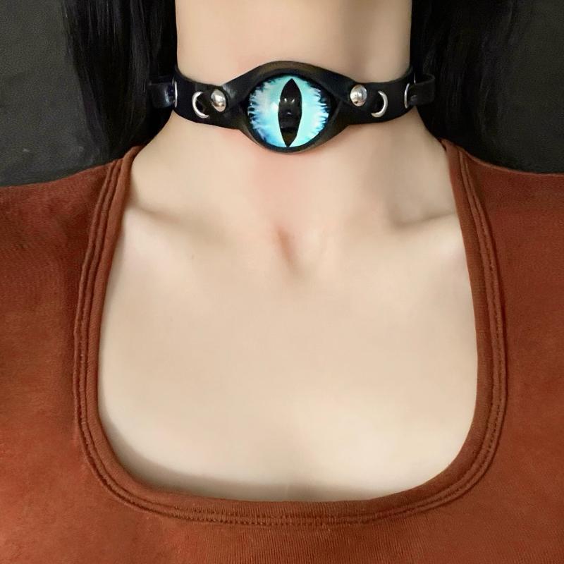 Cool Devil Eyes Leather Choker Harajuku Grunge Punk Aesthetic Rock Necklace Women Clavicle Chain Jewelry Accessories