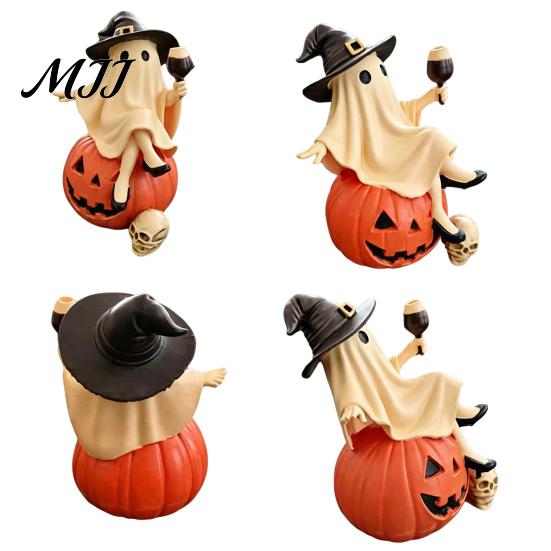 Decorative Bar Accessories Cute Ghost Figurine, Sitting on Pumpkin Statue with Witch Halloween Party Table Centerpieces Hat, Resin Tabletop