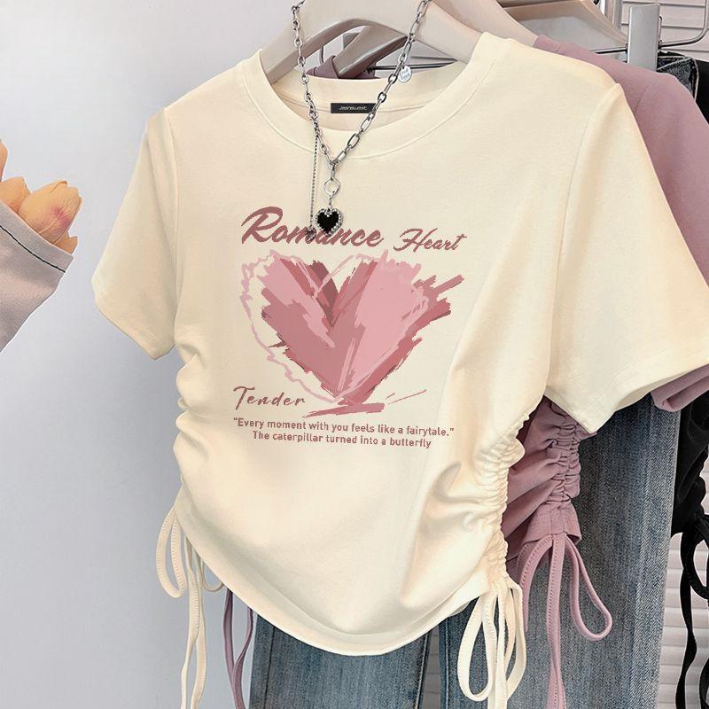 Retro Drawstring Crop Top Women Short Sleeve T Shirt Vintage Summer Clothes