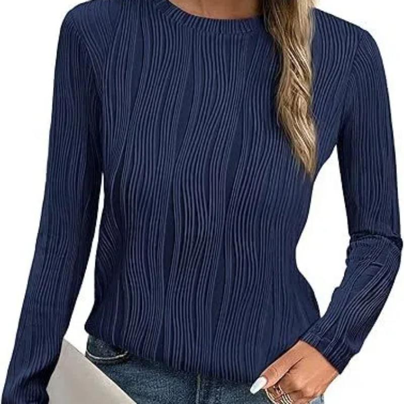 Womens Tops Trendy Dressy Casual Long Sleeve Crewneck Basic T Shirts Solid Loose Textured Blouses Outfits