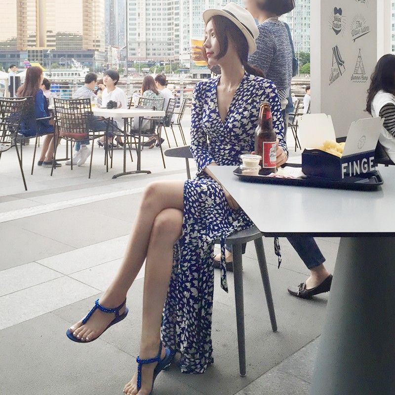 

INS Корейское Приталенное Платье с Принтом, Самозавязывающееся, с Разрезом, Летнее Model Long 0/XS