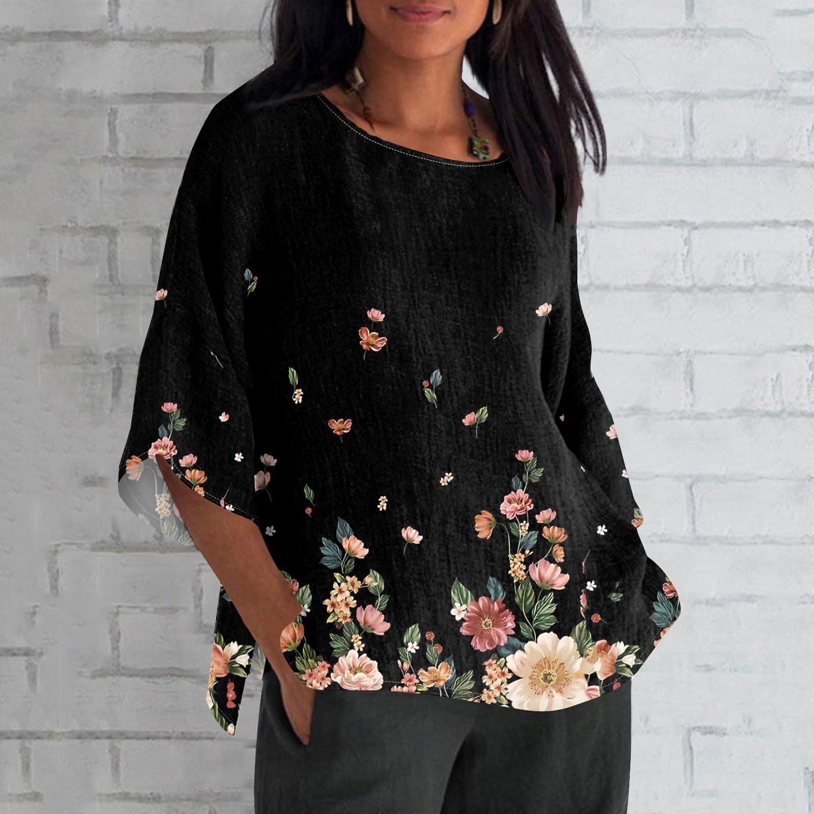 

Женская мода с рукавом семь четвертей и круглым вырезом с принтом, свободные повседневные рубашки-топы XXXXL чёрный