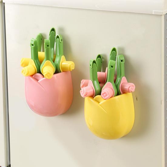 Magnetic Fridge Storage Box Tulip Shape Kitchen Utensils Holder Cutlery Organizer Flower Bag Spout Clips for Refrigerator Microwave Storage