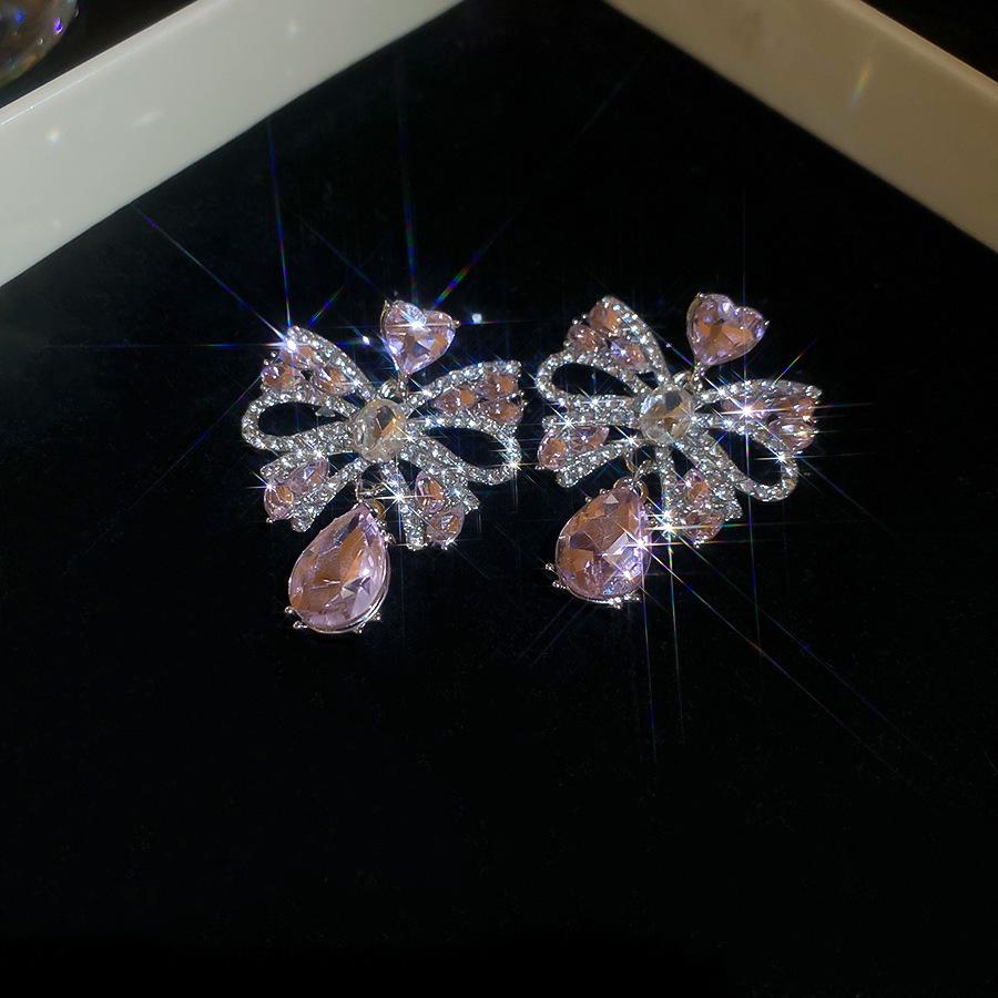 Silver Needle Pink Butterfly Zircon Cutout Stud Earrings - High-End Luxury Fashion Jewelry