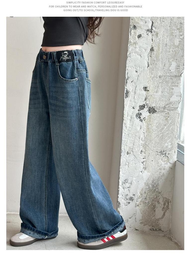 2025 Girls' Trendy Denim Wide-Leg Pants - Spring/Autumn Style, Long Straight-Leg for Big Girls