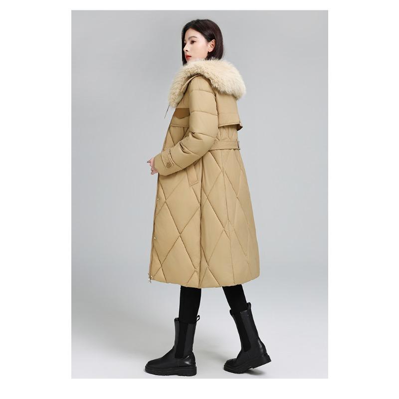 Elegantní a zeštíhlující dlouhý péřový kabát s velkým kožešinovým límcem pro dámskou zimní módu