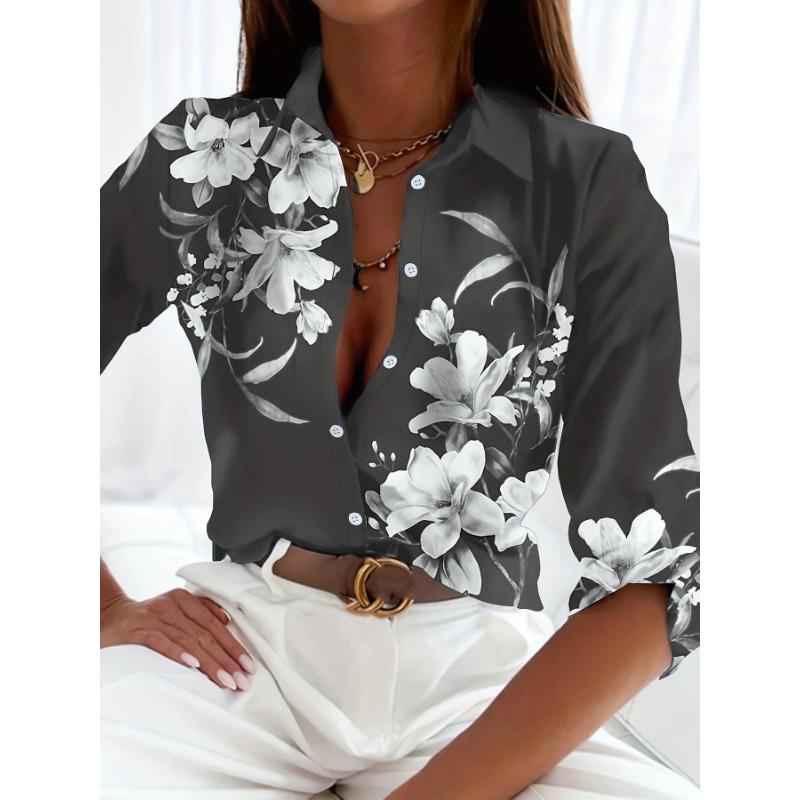 Fashion Women's Chain Flower Printed Shirt Women's Long Sleeve Tops Cotton Office Spring and Autumn Casual Loose Tops