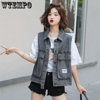 Gilet en jean pour femme Printemps et Automne Gilet étudiant ample avec grandes poches et gilet sans manches polyvalent