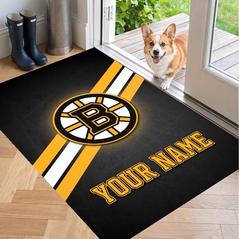 Custom Name Boston Bruins Crystal Velvet Floor Rug Personalized Text Soft Carpet Home Decor