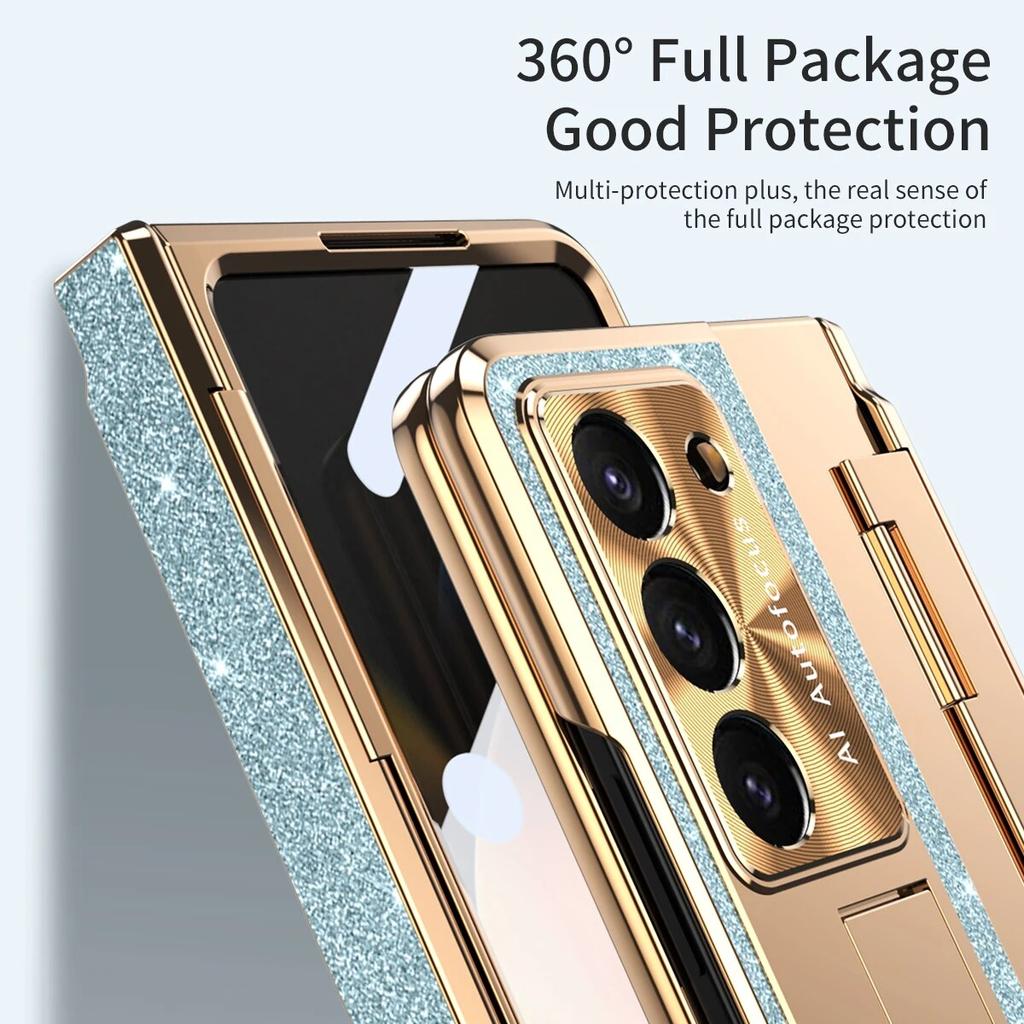 Luxury Plating Leather Bracket Hinge Protection Case for Samsung Galaxy Z Fold 5 4 3 Case with Screen Protector Cover
