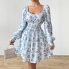 Autumn Women Ruffles Elastic Waist Chiffon Dress Vintage Floral Print Full Sleeve A-line Mini Dresses V-neck Vestidos Y2k Female