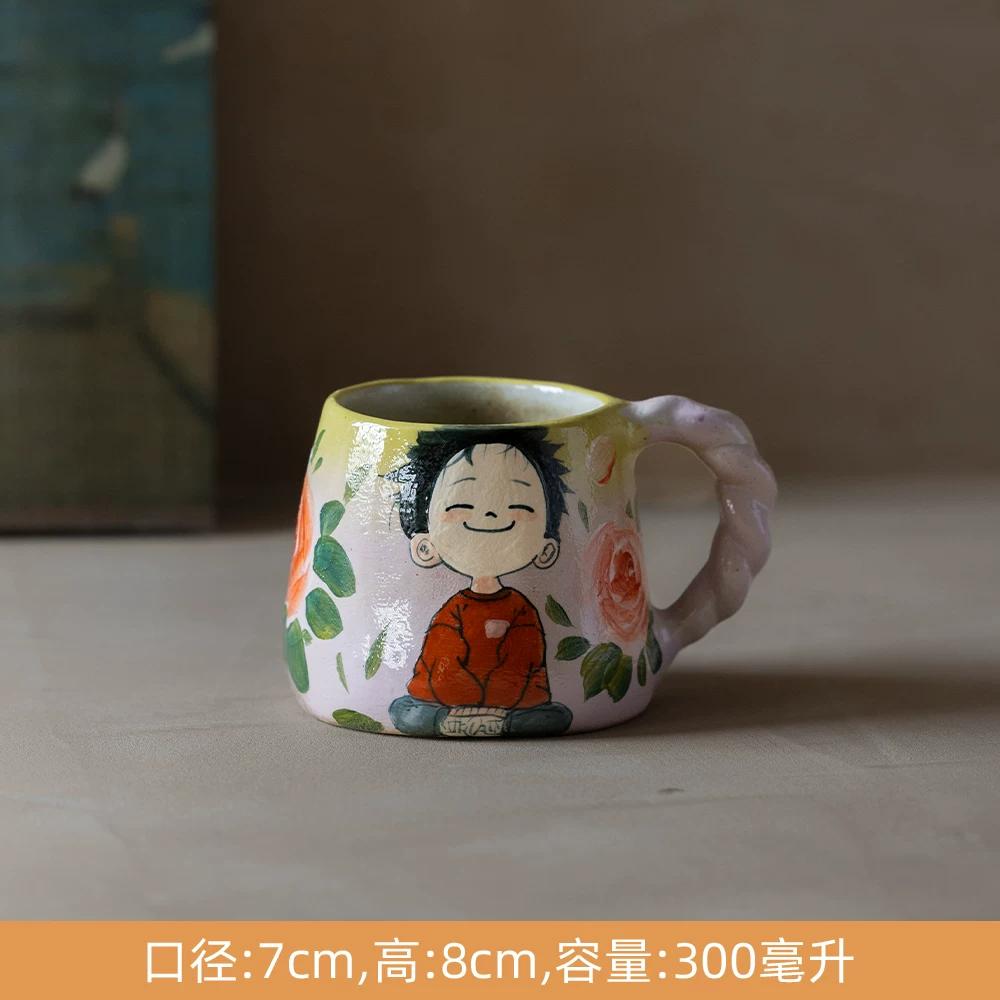 Cute Cat Ceramic Mug,Vintage Hand-Painted Ceramic Mug, Retro Floral Coffee Cup, Handmade Art Teacup for Home Office
