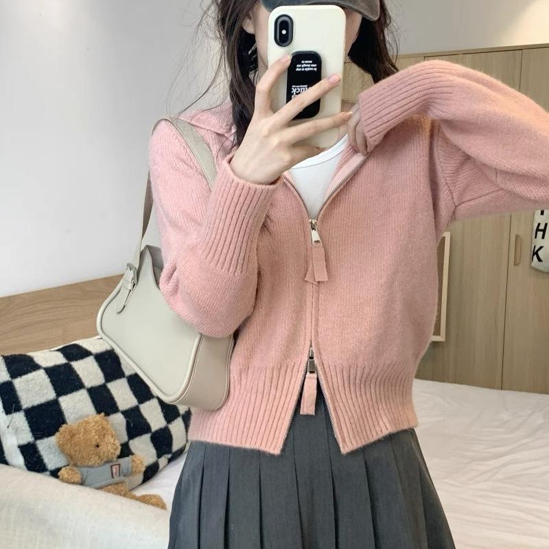 Autumn and winter new women's clothing small cardigan short double zipper jacket women's knitted sweater hooded sweater women