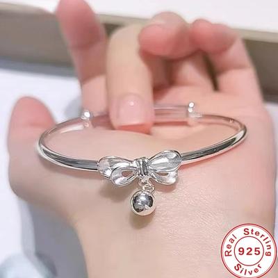 925 Sterling Silver Bracelet Bow Knot Bell Charm Fashion Cute Girls Jewelry Gift