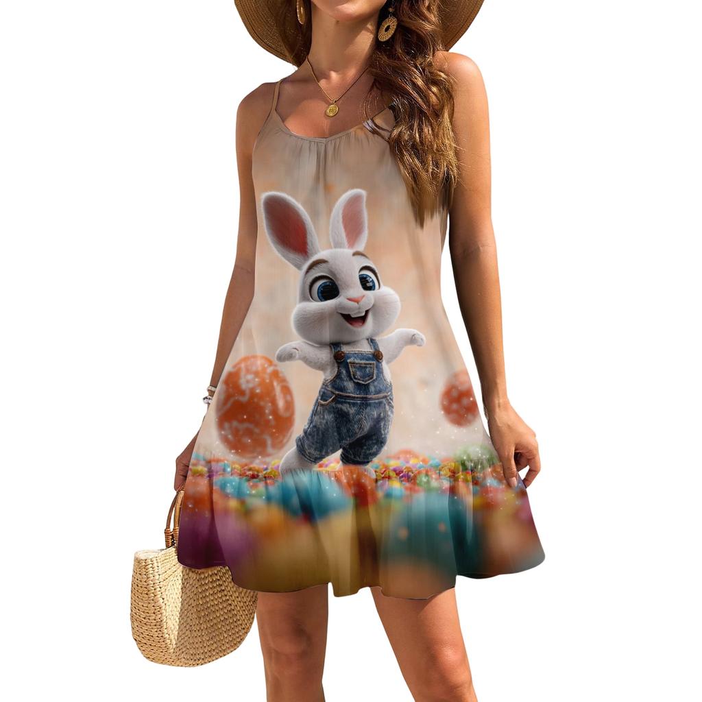 Robe décontractée élégante sans manches à bretelles ample pour femme avec imprimé plage et Pâques