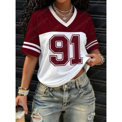 Women BUMBER 91 Print Lightweight Breathable V-Neck Short Sleeved Baseball T-Shirt