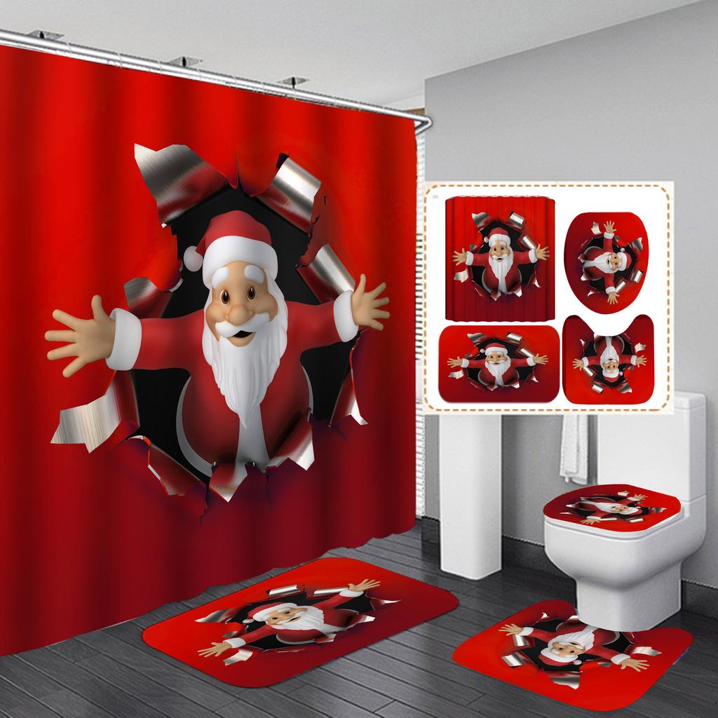 Merry Christmas Bathroom 4Pcs Set Snowman Santa Claus Pattern Waterproof Shower Curtain Toilet Cover Mat Non Slip Rug Home Decor