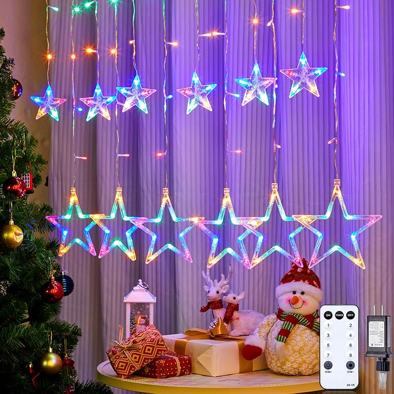 Minetom Star Curtain Lights - 138 LED 12 Star Christmas Window Lights with Remote and Timer, 8 Modes and Dimmable, Connectable Star String Lights for