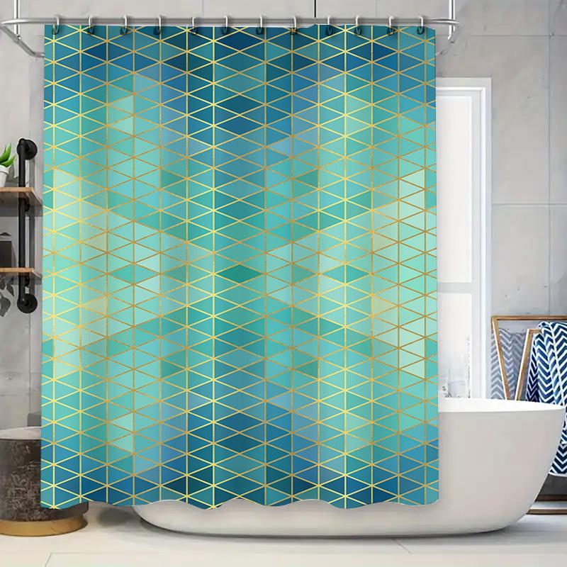 Modern Geometric Bathroom Shower Curtain Set For Home Decor Blue And Gold Colorful Pattern Waterproof Fabric (180X180Cm)
