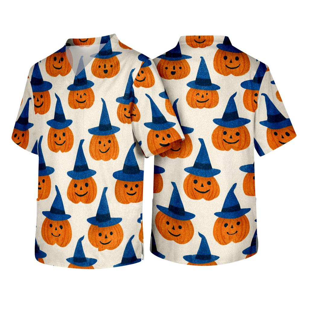Men Short Sleeve V Neck Halloween Print Chest Pocket Scrub Top Comfortable Fit Durable Material Fun Design