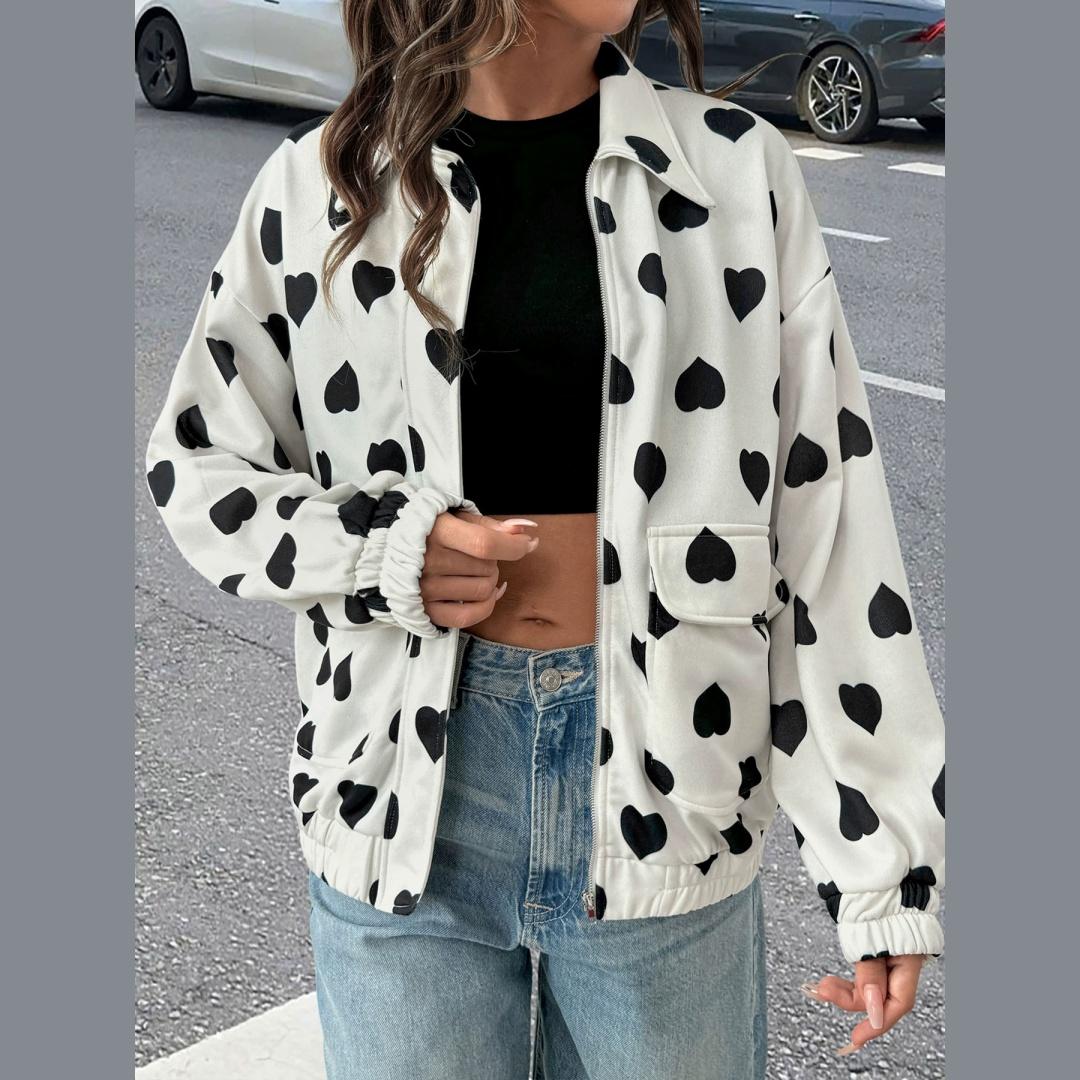 

Women Heart Print Coat Loose Fashion Lapel Zipper Pockets Outerwear Fall Winter Casual Jackets XS белый