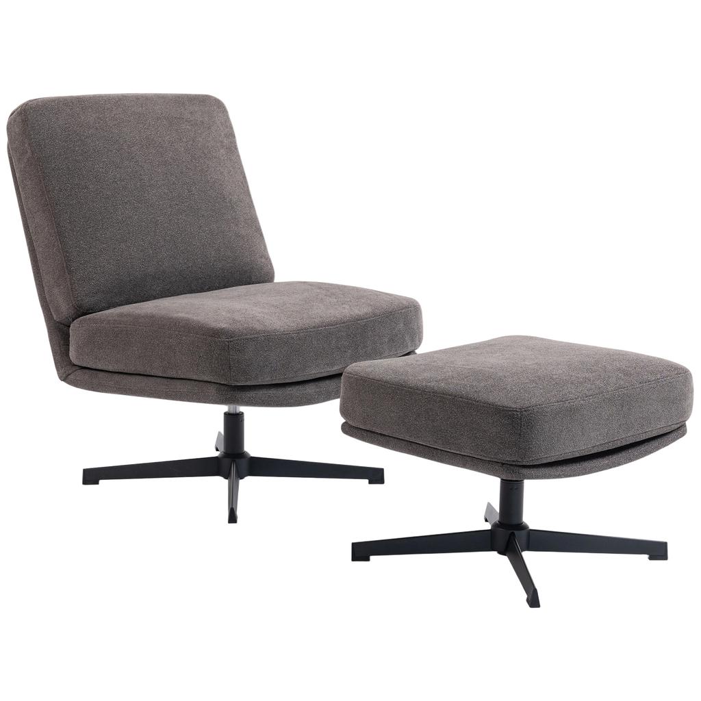 Armchair with Stool, Swivel Lounge Chair with Linen Look, for Living Room, Dark Grey