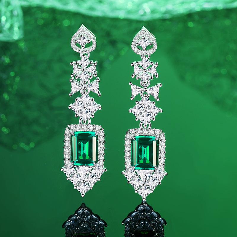 Vintage S925 Sterling Silver Tassel Earrings - Emerald & Pigeon Blood Red/Blue Studs, High-End Elegance for Women S925 Silver