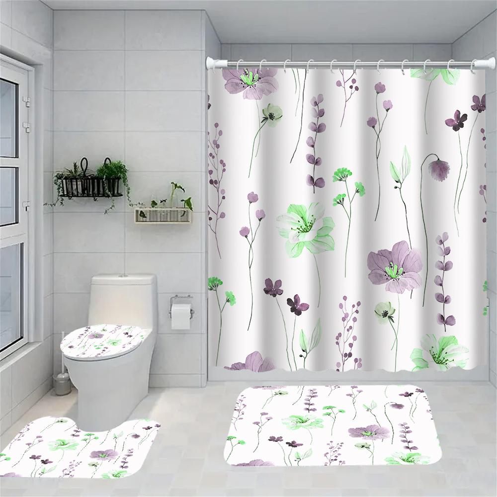 1/4 Flowers And Plants Shower Curtains, Toilet Seat Decoration, Shower Curtain With Carpet And Toilet Lid, 12 70.8X70.8 Inch Hoo