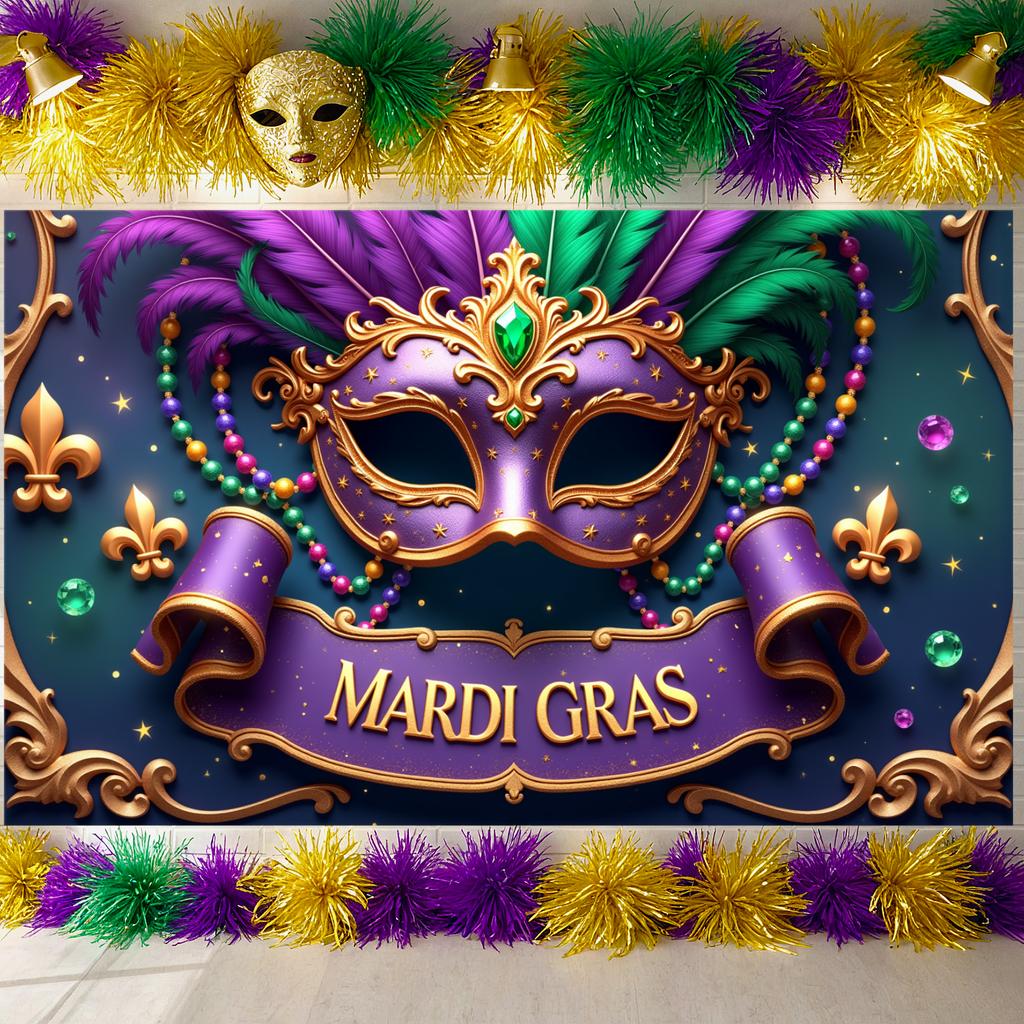 Feather Mask Background Festive Purple Green Gold Banner Festive Backdrop Green Bead Mardi Gras Backdrop For Carnival Parade