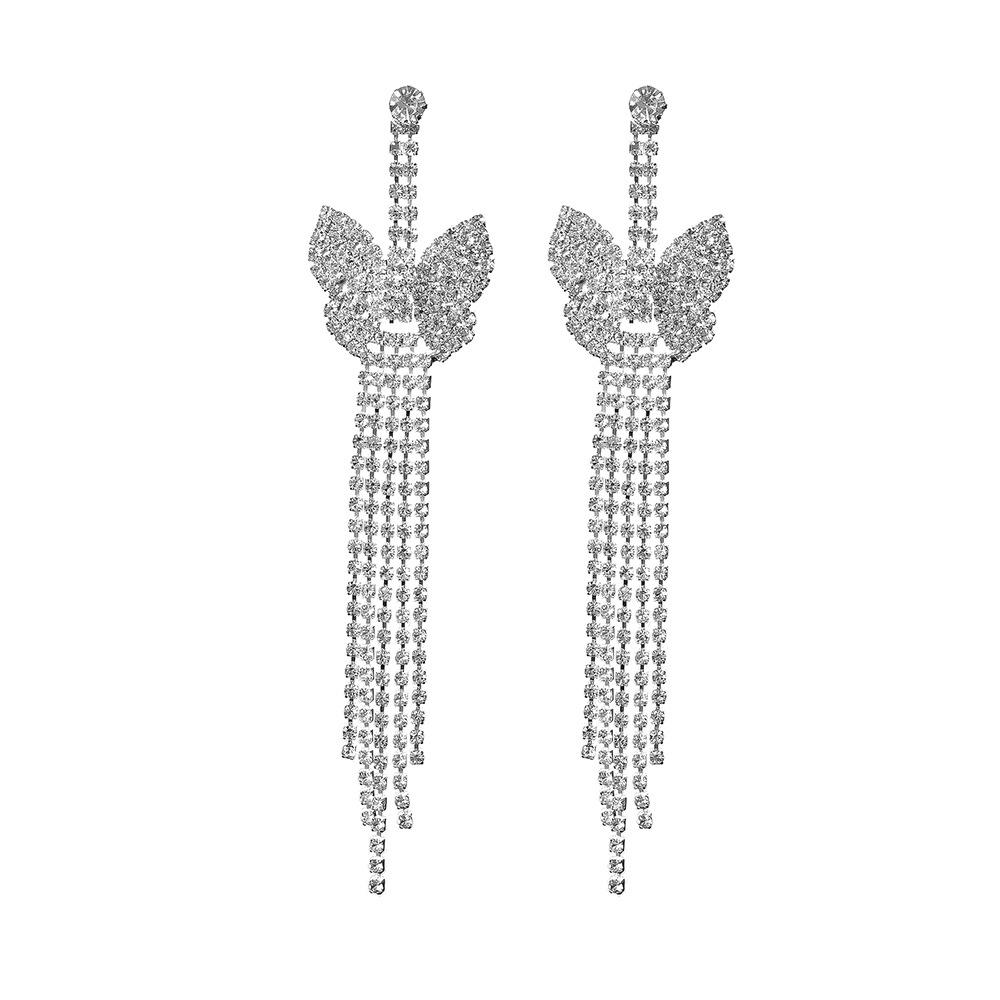 Europe And The United States Style Shiny Rhinestone Bow Shape Earrings Tassel Long Earrings Female Senior Sense Of Temperament Earrings 1 Pair