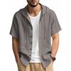 Men's Cotton Linen Shirt Short Sleeve Breathable Lightweight Solid Color Drawstring Hooded Shirts Casual Classic Simple Tops