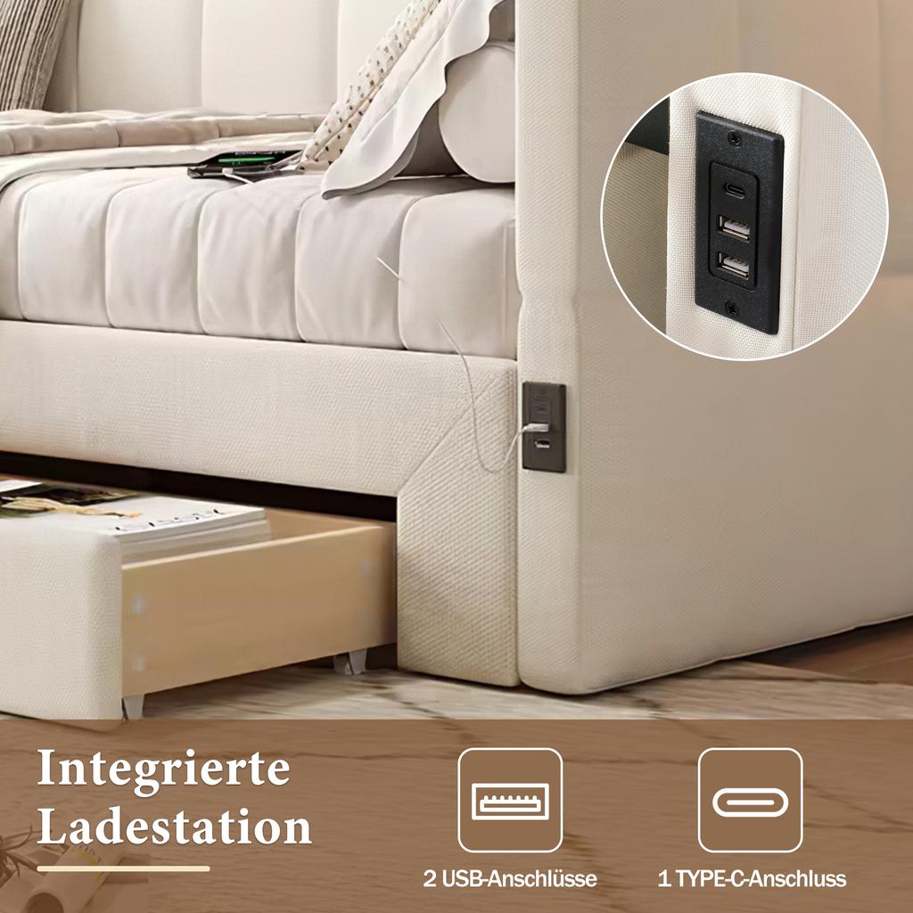 Upholstered Bed, Daybed, Sofa Bed, with 2 Drawers for Storage, Sleeper Sofa, Day Bed 90x190 cm, Extendable to 180 cm, with USB Port, Beige Linen