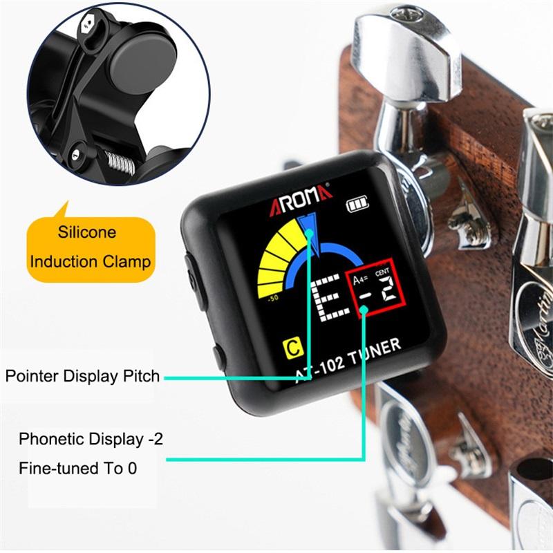 Rechargeable Tuner AT-102 Black Blue White USB Rechargeable Built‑in Battery Large LCD 360 Degree For Guitar/Bass/Ukulele/Violin