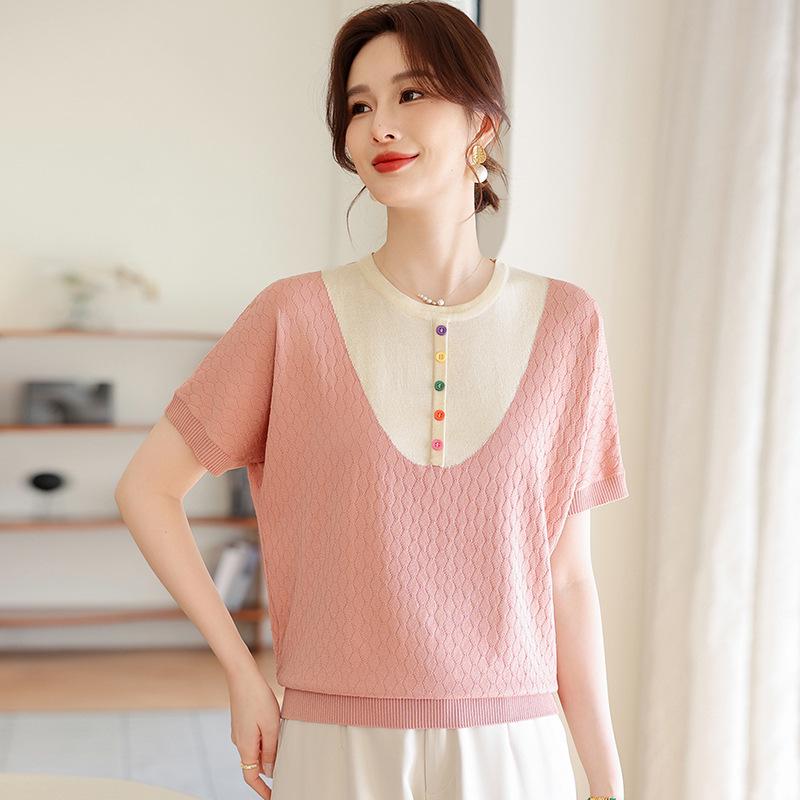 

2026 Fashionable Summer Knit T-shirt - Stylish Two-Piece Design for Middle-Aged and Elderly Women L рожевий