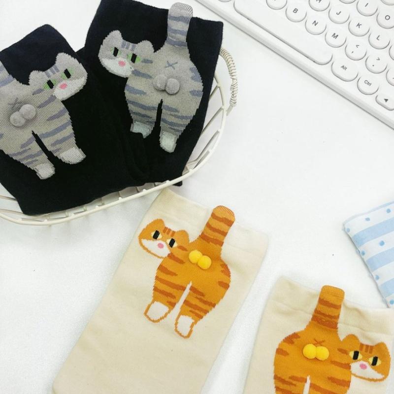 1/2Pair Cartoon Cute Cat Balls Cotton Socks Kawaii Lolita Knitting Socks Women Girls Middle Tube Sock Cat Butt Print Couple Sock