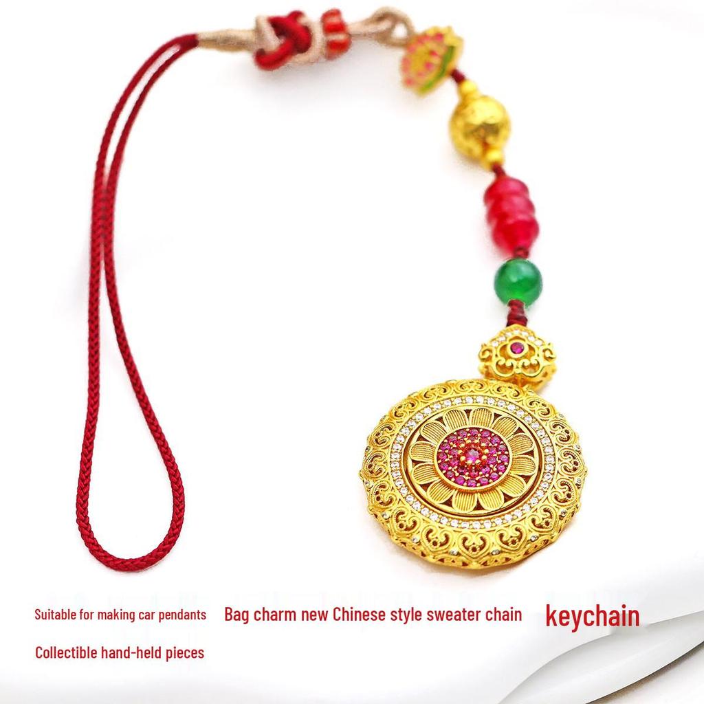 Chinese Style Gold & Zircon Sunflower Compass Necklace/Keychain Accessory