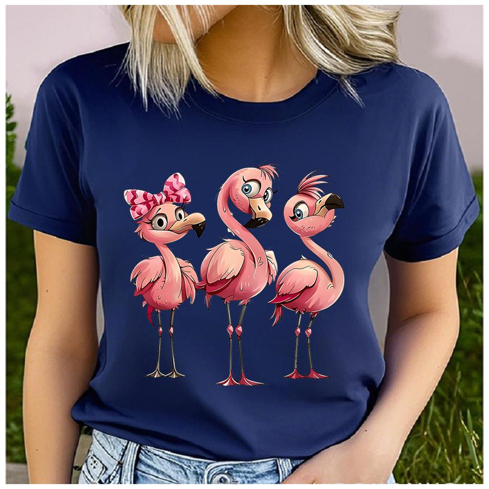 Unisex Womens Cotton Cartoon Flamingo Print Tshirt Loose Round Neck Casual Short Sleeve Fashion Top Clothing Summer