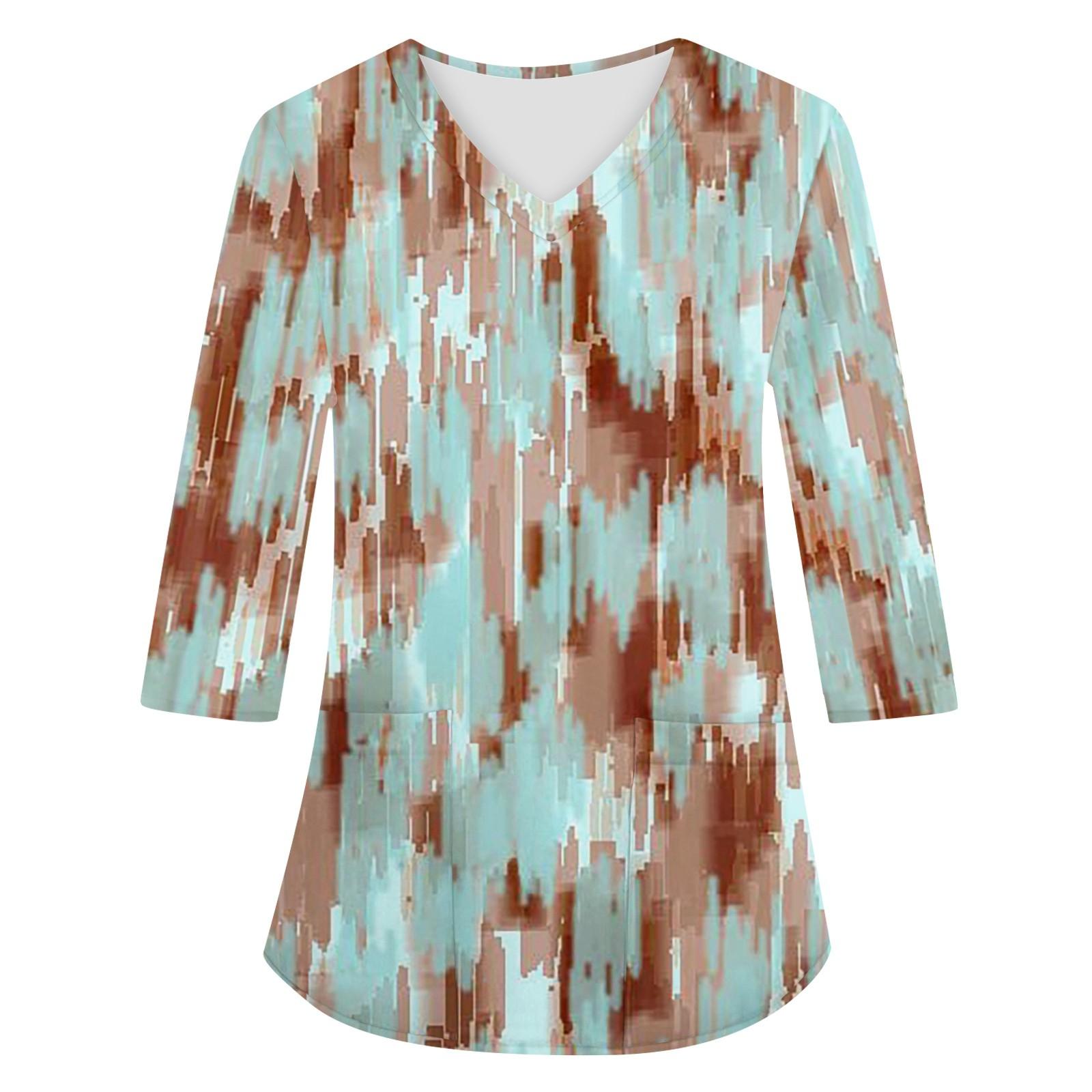 

Модная женская рабочая одежда с v-образным вырезом и рукавами 3/4, свободные топы с карманами и принтом L