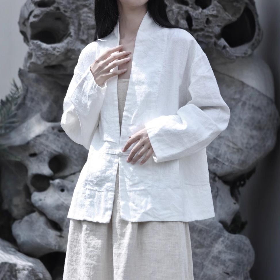Spring Autumn Woman's Cotton Linen Vintage Disc Buckle Suit Coat Solid Color Retro Loose Long Sleeves Coat