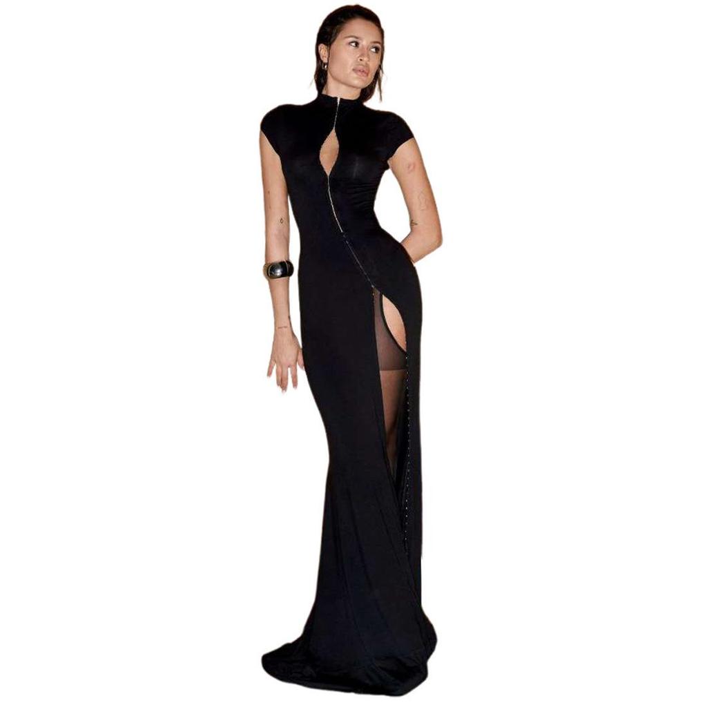 New Autumn/Winter Women's Fashion High Slit Stand Collar Hollow Out Slim Fit Dress