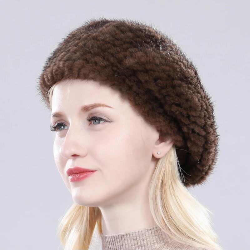 New Winter Lady Natural Mink Fur Beanies Hat Knit Warm Striped Genuine Mink Fur Caps Women Good Elastic Real Mink Fur Hat