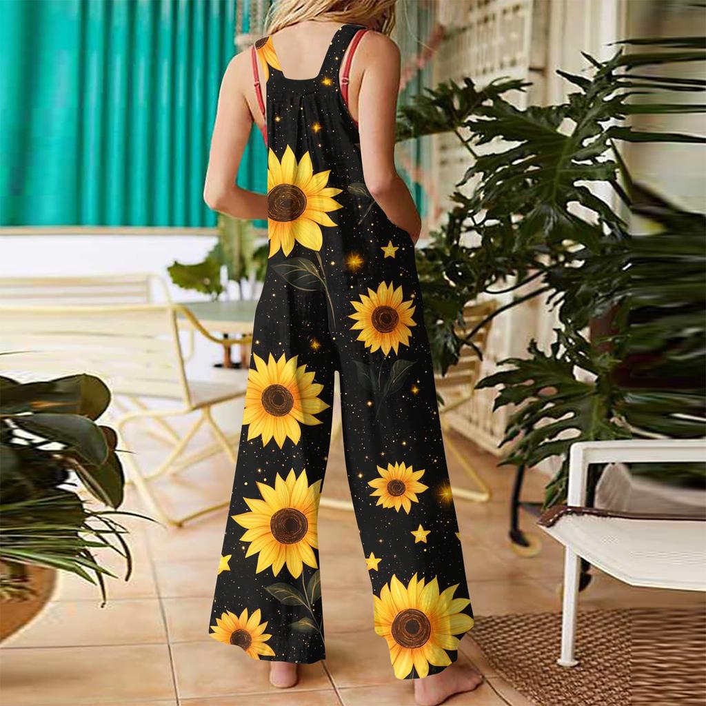 Womens Casual Overalls Jumpsuits Adjustable Straps Sleeveless Bohemian Comfy Rompers With Pocket