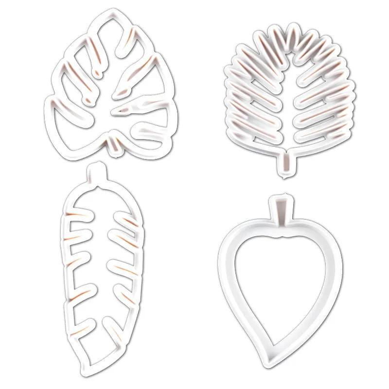 4pcs Leaf Biscuit Mold 3D Cookie Plunger Cutter Pastry Decorating DIY Food Fondant Baking Mould Tool Tropical Leaves Embossing