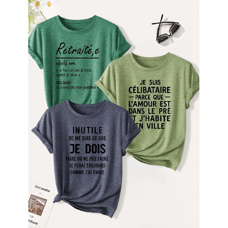 3 Pack of women's summer tops | French Retirement Humor Print T Shirt | Cute and trendy casual round-neck short-sleeve suit | 2026 Summer vintage
