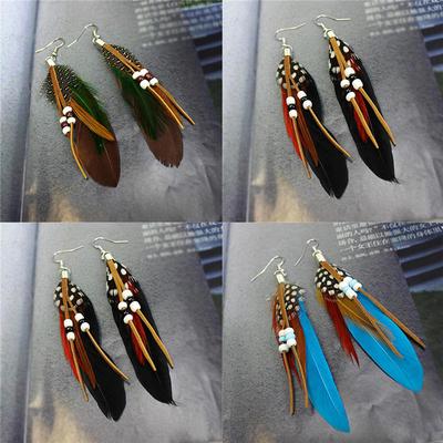 Tassel Dangling Earrings Feather Leather Beads Earrings Indian Feathers