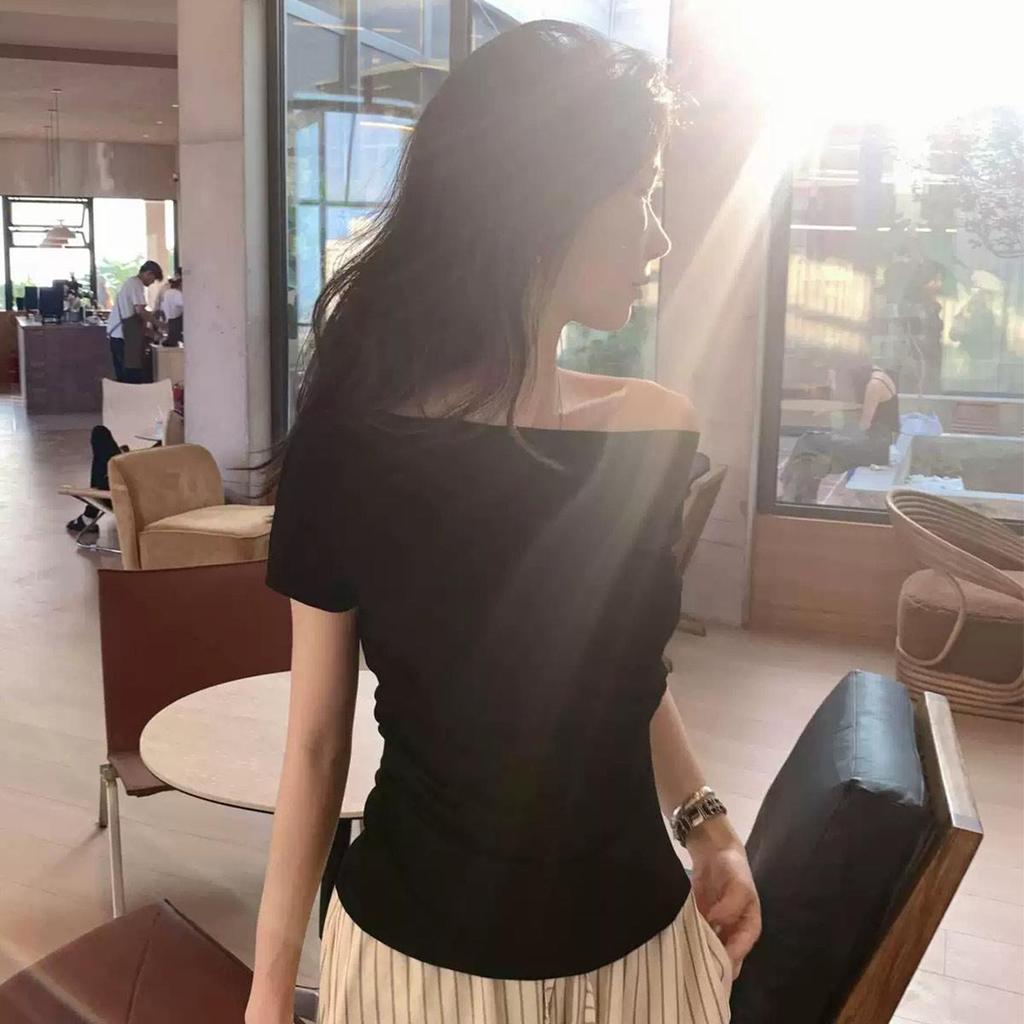 Summer Pure Desire One Shoulder Black Short Sleeve Women's T-shirt Korean Style Slimming Top Exposed Shoulder Fashionable
