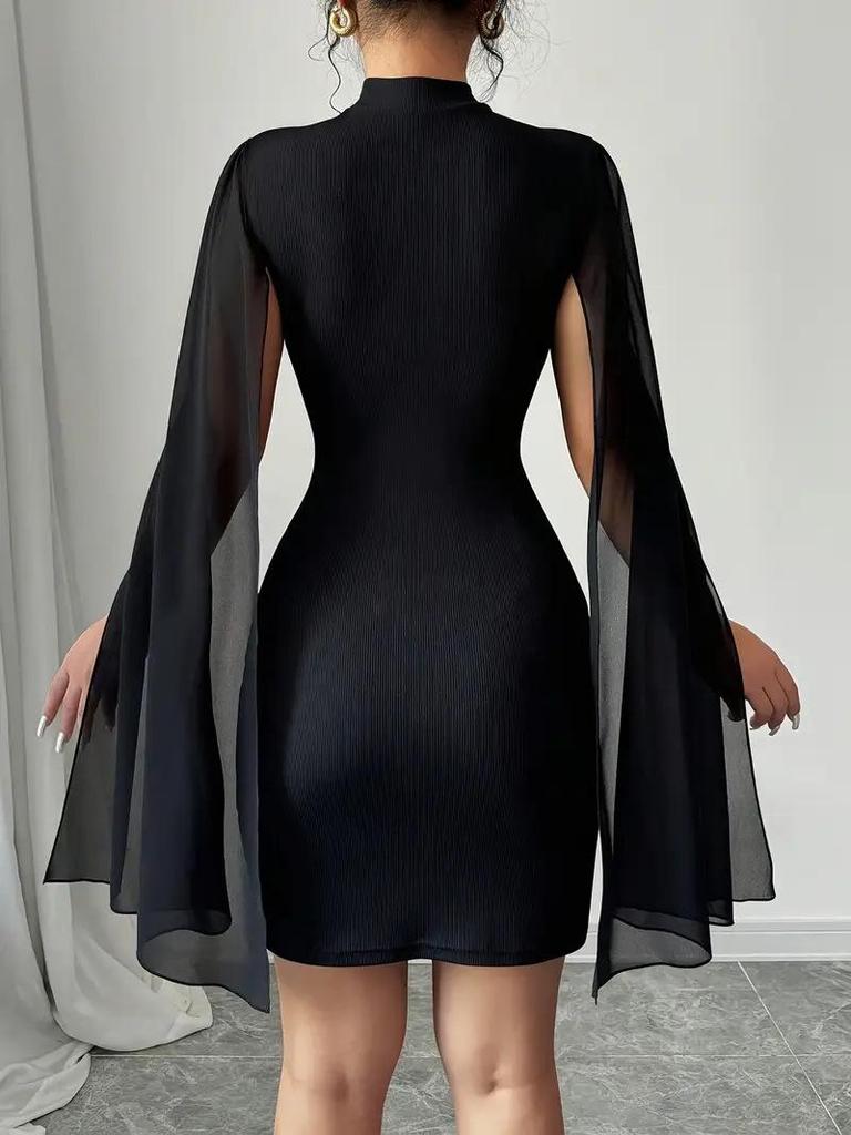 European & American Women's Fashion Round Neck Ribbed Chiffon Cape Bodycon Dress