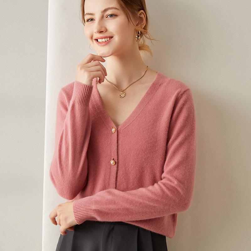 Women's V-Neck Cashmere Cardigan – Thin, Loose, Casual Knit Sweater for Autumn/Winter