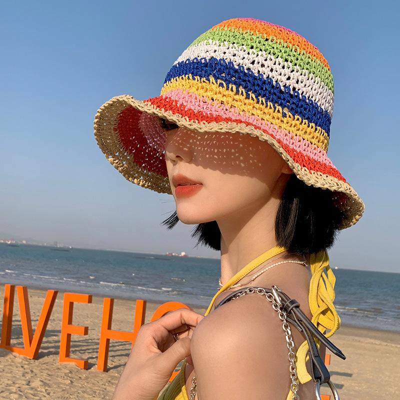 Women's Spring and Summer Korean Style Fashionable Colorful Pure Hand Crocheted Woven Fisherman Hat Vacation Foldable Sun Protection Sunshade Hat