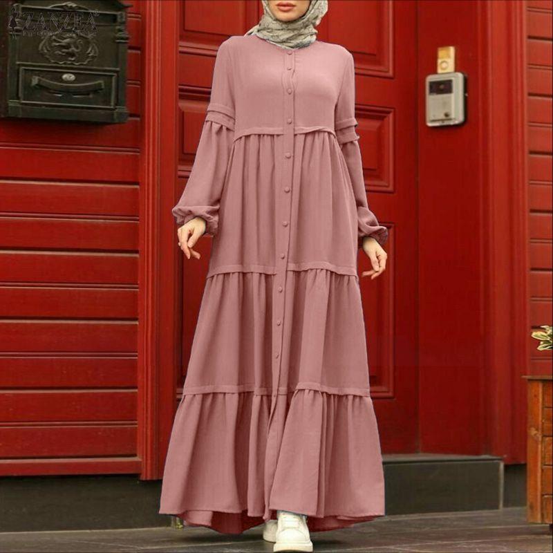 ZANZEA Muslim Daily Casual Round Neck Long Sleeve Loose Women Dress